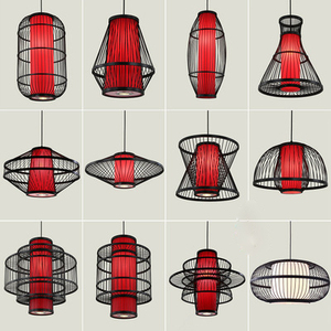 中式饭店竹艺鸟笼吊灯创意餐厅包房红色灯笼餐饮灯具带射灯餐厅灯