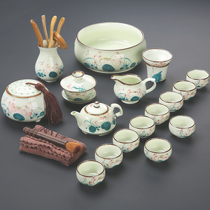 景德镇手绘功夫茶具整套家用青瓷茶壶手工荷花陶瓷套装青花瓷茶杯