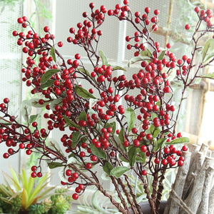 仿真红色圣诞浆果树枝枯枝果实枝干假花家居摆设餐桌摆件装饰花艺