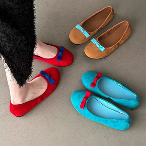 时尚部落蝴蝶结芭蕾风红色平底鞋子女2024年春夏季新款蓝色小单鞋