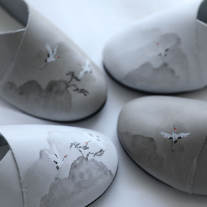仙鹤鞋 仙童原创设计手工绘制牛皮鞋 柔软夏季透气汉服平底中国风