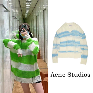 代购Acne Studios 22秋冬新款条纹破洞女士宽松马海毛毛衣针织衫