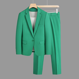 双开叉西装两件套男韩版修身商务正装休闲绿色大码纯色西服套装潮