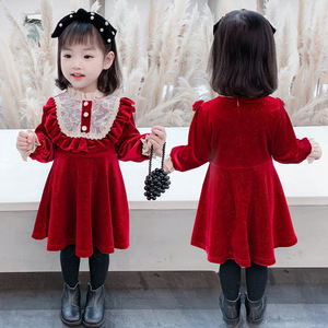女童连衣裙秋冬装2023新款儿童韩版丝绒公主裙小女孩红色加绒裙子