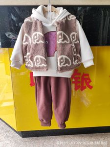 儿童毛马夹三件套2023冬装新款男女宝宝卡通小象加绒卫衣+运动裤