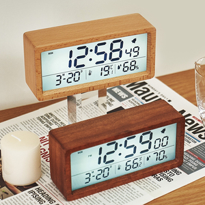 木头闹钟创意北欧 新款实木时钟 柔光夜光床头钟时间日历温度湿度