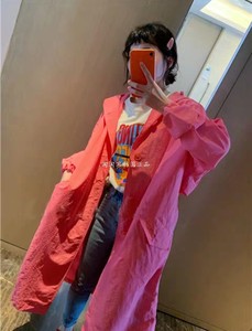 现货24韩国东大门夏款 粉红色中长风衣外套减龄糖果色灯笼袖外套