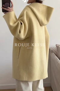 Rouje Kefss法式气质小个子奶黄色连帽呢子大衣女秋冬款毛呢外套