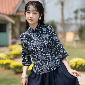 云南少数民族棉麻旅游拍摄服装中式复古上衣女中国风禅修服两件套