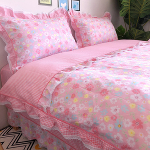 韩版公主风四件套纯棉全棉小碎花粉色花边被套荷叶边床单床上用品