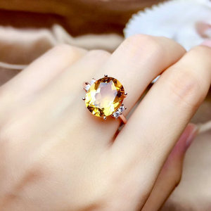天然黄水晶戒指女款S925纯银日韩版时尚简约黄宝石指环开口带证书