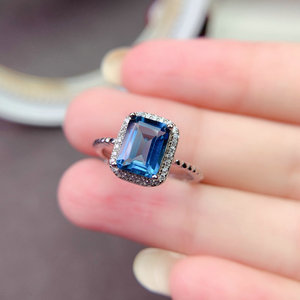 伦敦蓝托帕石戒指女S925纯银深蓝色长方形天然宝石水晶指环带证书