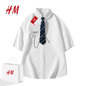 HM夏季短袖衬衫男士2024新款翻领工装白色宽松衬衣休闲日系学院风
