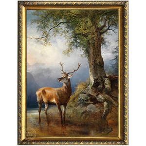 现代简美玄关壁炉油画手绘 简欧画走廊美式装饰画油画 林中有鹿