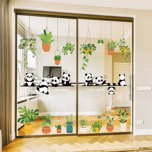 绿植盆栽三餐四季玻璃贴纸卡通小熊猫厨房推拉门小心玻璃静电贴纸