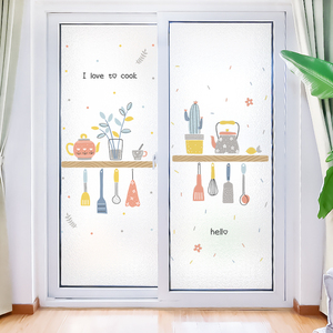 厨房推拉门玻璃贴纸防隐私玻璃贴膜静电磨砂膜橱柜贴卡通可爱窗贴
