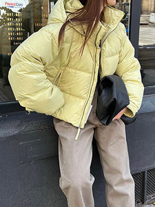 鹅黄色奶油质感短款面包服羽绒服外套韩国东大门新款2024冬季女装
