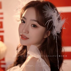 韩式新娘头饰白色花朵羽毛珍珠流苏唯美超仙耳挂气质婚纱礼服配饰
