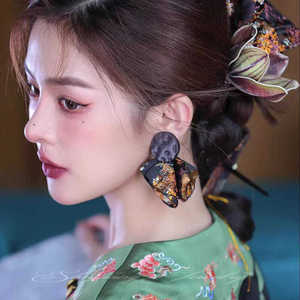新中式国风气质刺绣花纹耳环复古风汉服耳钉新娘结婚晨袍旗袍配饰