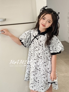 L+IKISSBABY潮牌女童2024夏款韩版新款中式泡泡袖旗袍连衣裙礼服