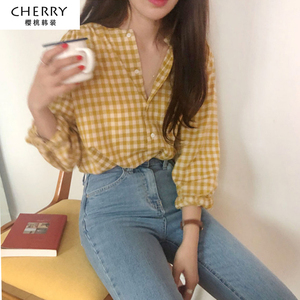 法式小清新复古港味黄色格子衬衫女长袖韩版设计感小众格格寸衬衣