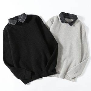 秋冬季衬衫领假两件衬衫毛衣男士韩版潮流个性保暖针织打底羊毛衫