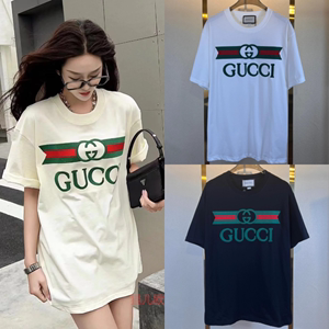 Gucci/古驰24款夏季新款经典双G织带字母印花圆领短袖T恤上衣男女