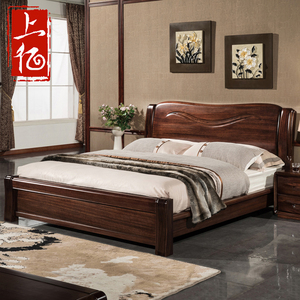 上亿 全实木床现代中式卧室家具纯黑胡桃木1.8米双人高箱PK乌金木