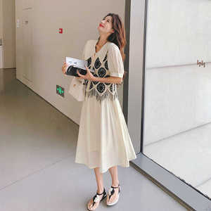 优雅气质白色衬衫裙女2024夏季新款森系流苏马甲法式连衣裙两件套
