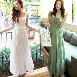 夏季韩版新款修身收腰白色长款雪纺连衣裙背心露背仙女长裙沙滩裙