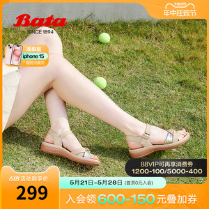 Bata舒适凉鞋夏季商场新款百搭羊皮厚底一字带凉鞋AHT03BL3