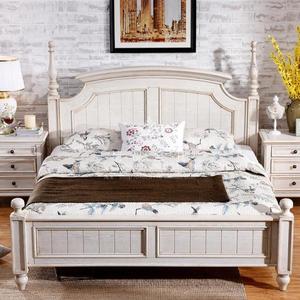 美式床白色实木床1.5米1.8单双人床橡木做旧婚床卧室家具床头柜