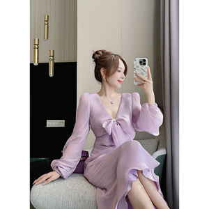 董小姐高端定制早春新款2024女装裙子紫色珠光纱氛围感气质连衣裙