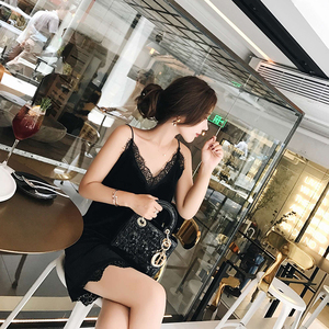 秋装新款韩版V领修身中长款蕾丝背心打底裙…颜色分类黑色,尺码