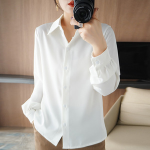 早春新款醋酸面料衬衫女士复古港味设计感长袖绸缎垂感白色衬衣