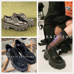 代购Prada/普拉达20新款系带齿轮厚底德比松糕鞋漆皮休闲运动女鞋