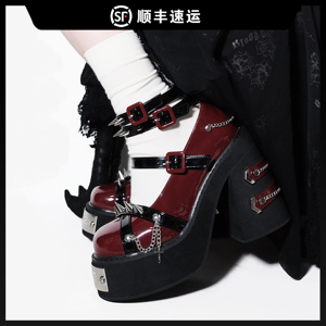 荆棘恶女小熊潘达原创设计正品小众y2k亚文化铆钉粗跟高跟鞋女鞋