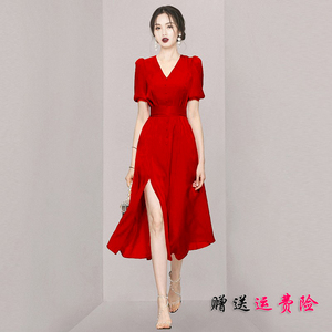 红色V领短袖高端气质修身中长裙2024夏季新款名媛开叉高腰连衣裙