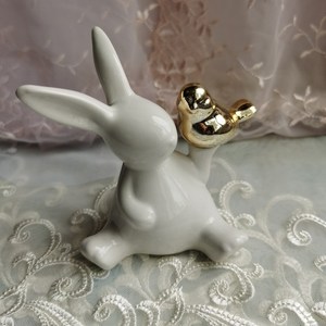 白色兔子举着小鸟 金色鸟陶瓷小动物 外贸尾单 桌面摆件 可爱礼物