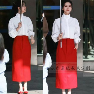 刘诗诗同款新中式时尚套装白色衬衫+红色半裙长款优雅端庄国风春