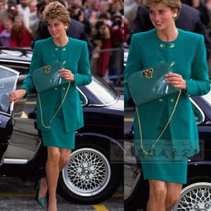 高级定制戴安娜王妃同款孔雀绿色圆领西装套装裙两件时尚大牌修身