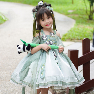 【团宝归】汉服女童夏装宝宝中国风刺绣熊猫禁步流苏洛丽塔连衣裙