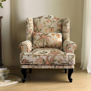 美式实木老虎椅单人客厅提花布艺沙发小户型卧室休闲椅复古沙发椅