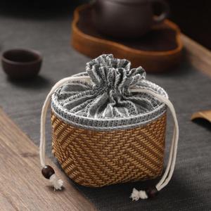 便携式藤编圆底束口创意茶壶茶杯茶具收纳旅行包袋子日式加厚抽绳