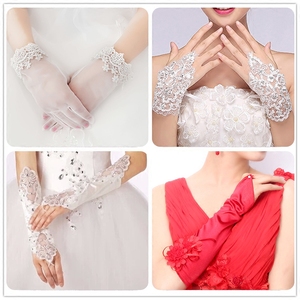 新娘韩式结婚纱长款白色蕾丝镂空手套秋冬婚礼服短款红色绣花手套