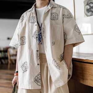 日系复古设计感小众印花短袖衬衫男夏季休闲花卉衬衣宽松大码上衣