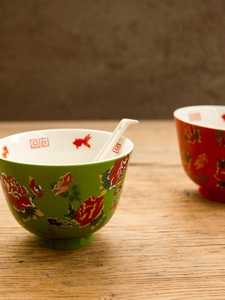 【D16】出口日本尾货大红大绿贴花釉下彩陶瓷碗面碗汤碗早餐碗