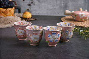 日本进口釉下彩陶瓷餐具有田纯手绘浮雕雪樱茶杯对杯酒杯