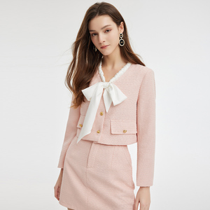 斯尔丽2024春季新款韩版小香风长袖撞色领结短上衣+短裙女式套装