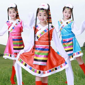 儿童臧族服装女西藏民族舞蹈演出送头饰水袖天蓝色红色玫红色套装